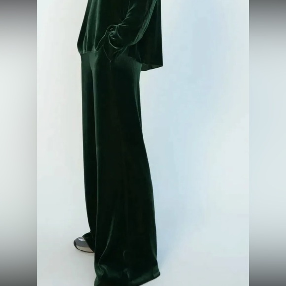 Zara Velvet Silk Green High Waist Trouser Pants S - Picture 1 of 15